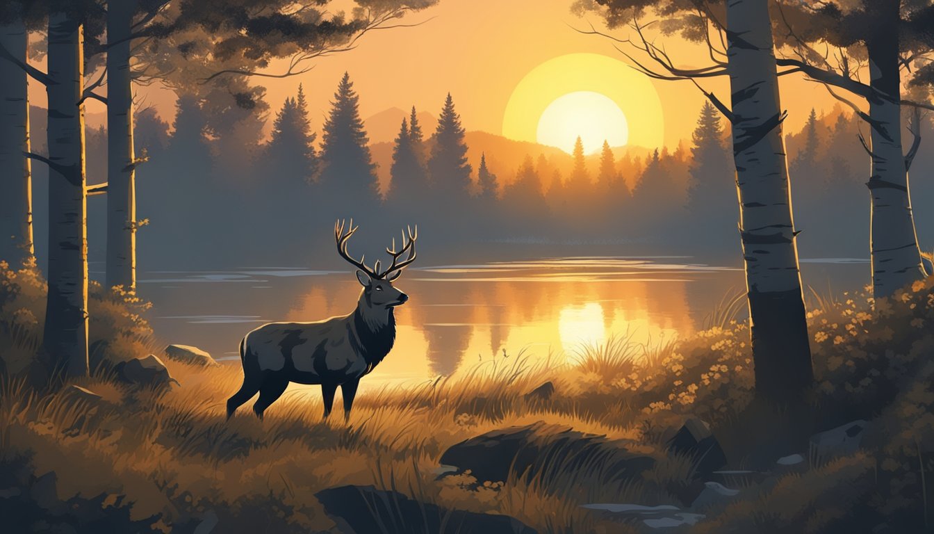 A hunter in camouflage stands in a forest clearing, surrounded by trees and wildlife. The sun sets in the background, casting a warm glow over the scene