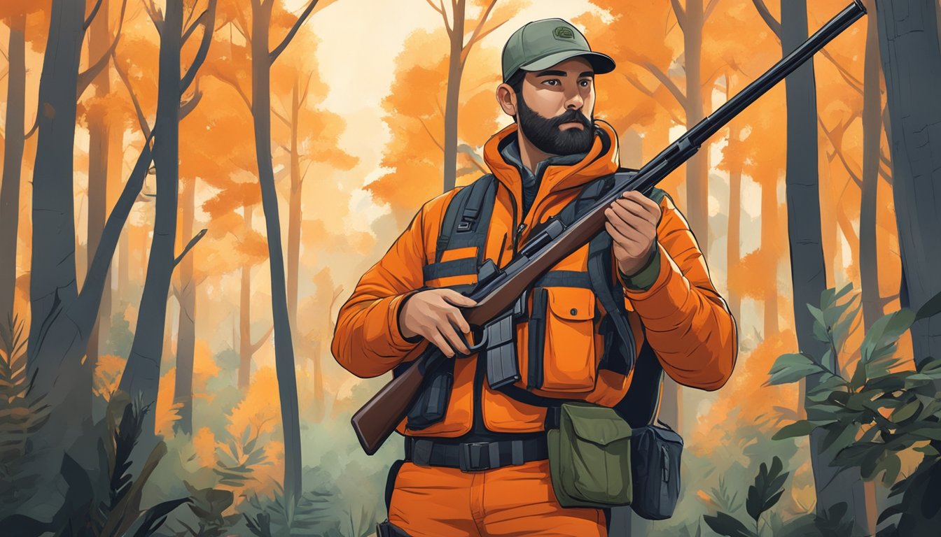 A hunter in a dense forest, holding a rifle and wearing a bright orange vest, surrounded by trees and wildlife