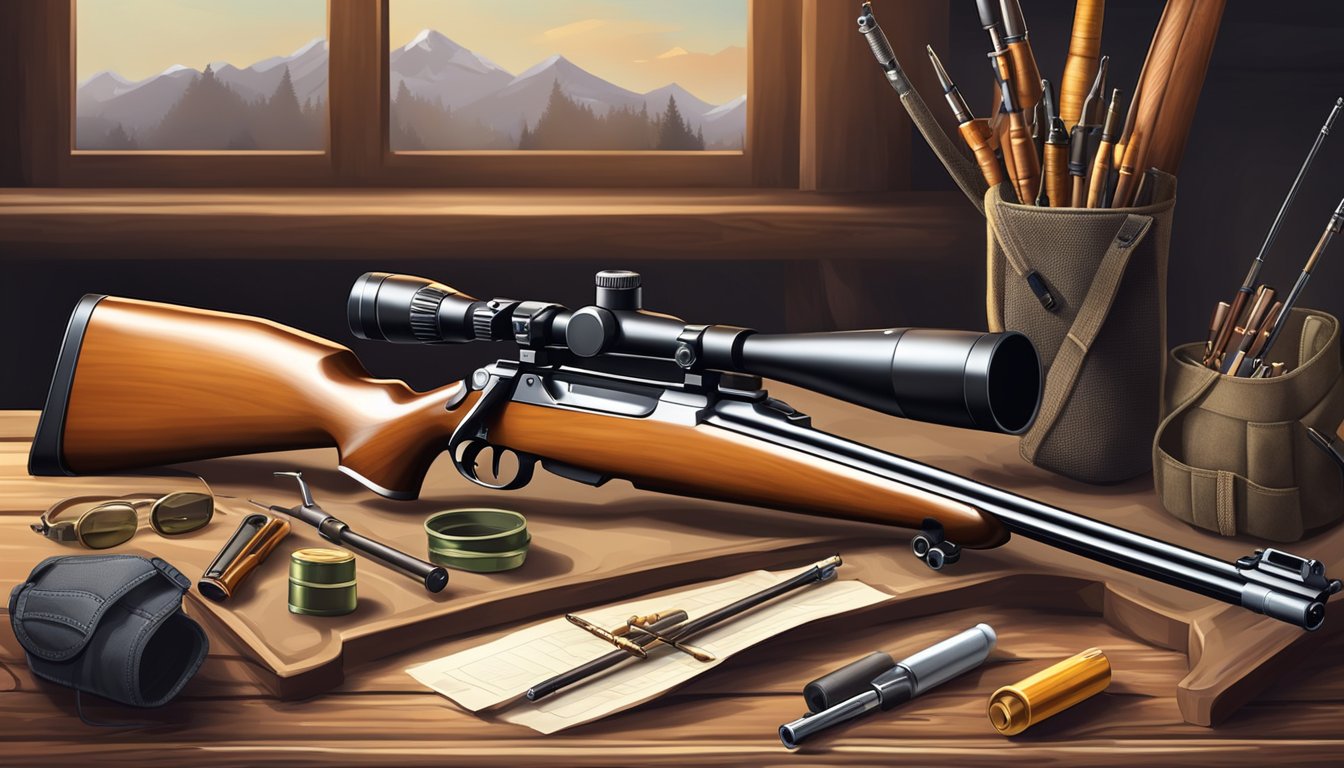 A hunter's rifle and bow lie on a wooden table, surrounded by hunting gear and ammunition. A sign with firearm and archery regulations hangs on the wall