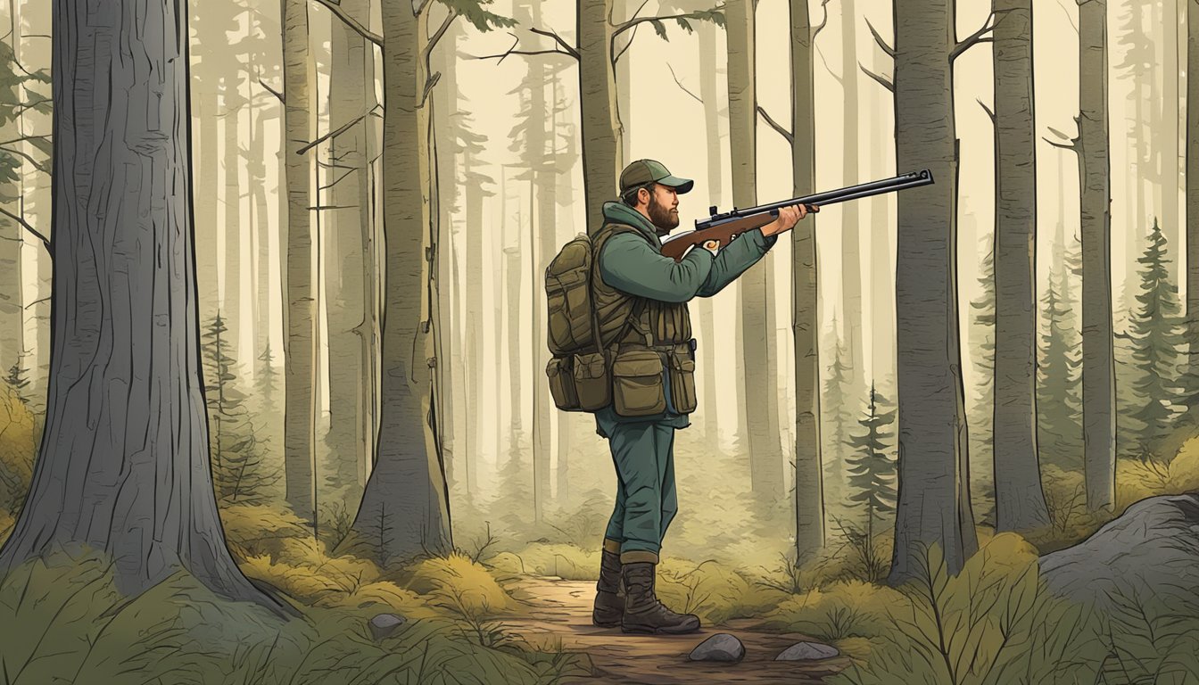 A hunter in a forest, holding a rifle and checking the Maine hunting regulations on a signpost