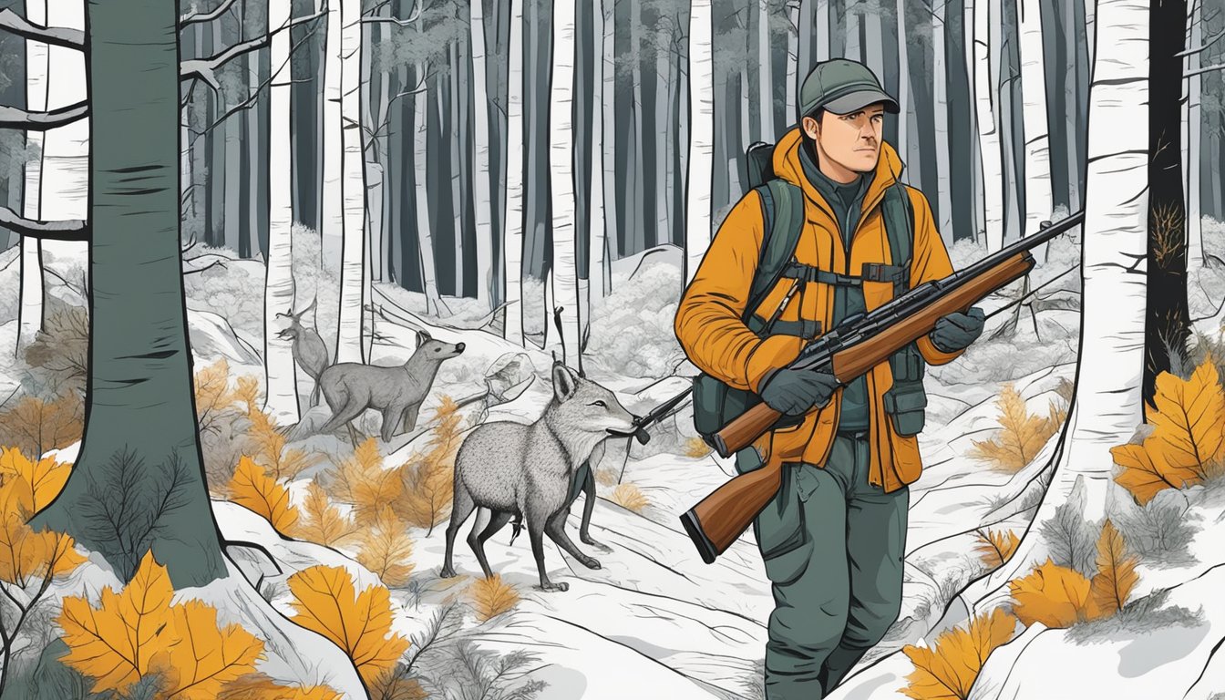 A hunter in a forest, holding a firearm, with various wildlife and seasonal elements such as trees, leaves, and animal tracks