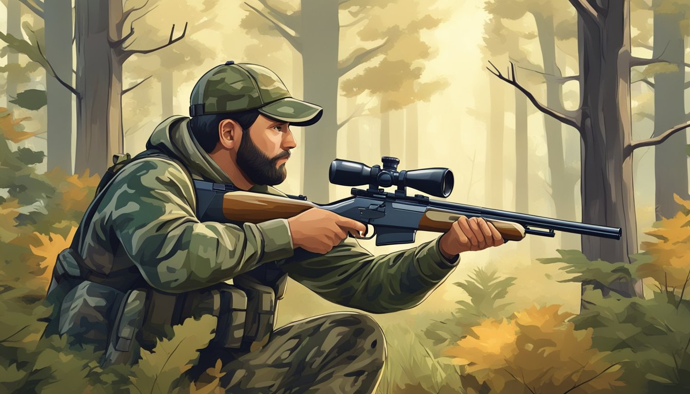 A hunter in camouflage aims a rifle at a deer in a forest clearing