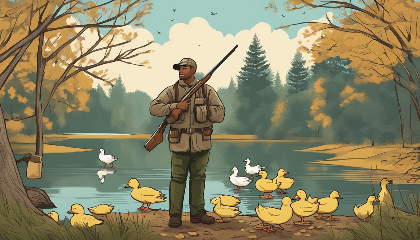 A hunter holding a shotgun with ducks in the background, surrounded by trees and a sign indicating bag limits and hunting seasons in Maryland