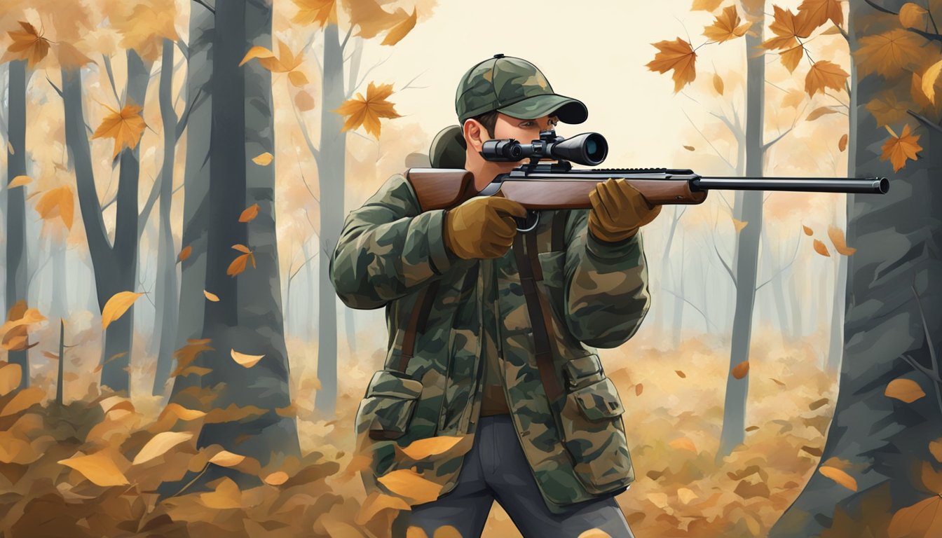 A hunter in camouflage stands in a wooded area, aiming a firearm at a distant target. The forest is filled with fallen leaves and the sky is overcast