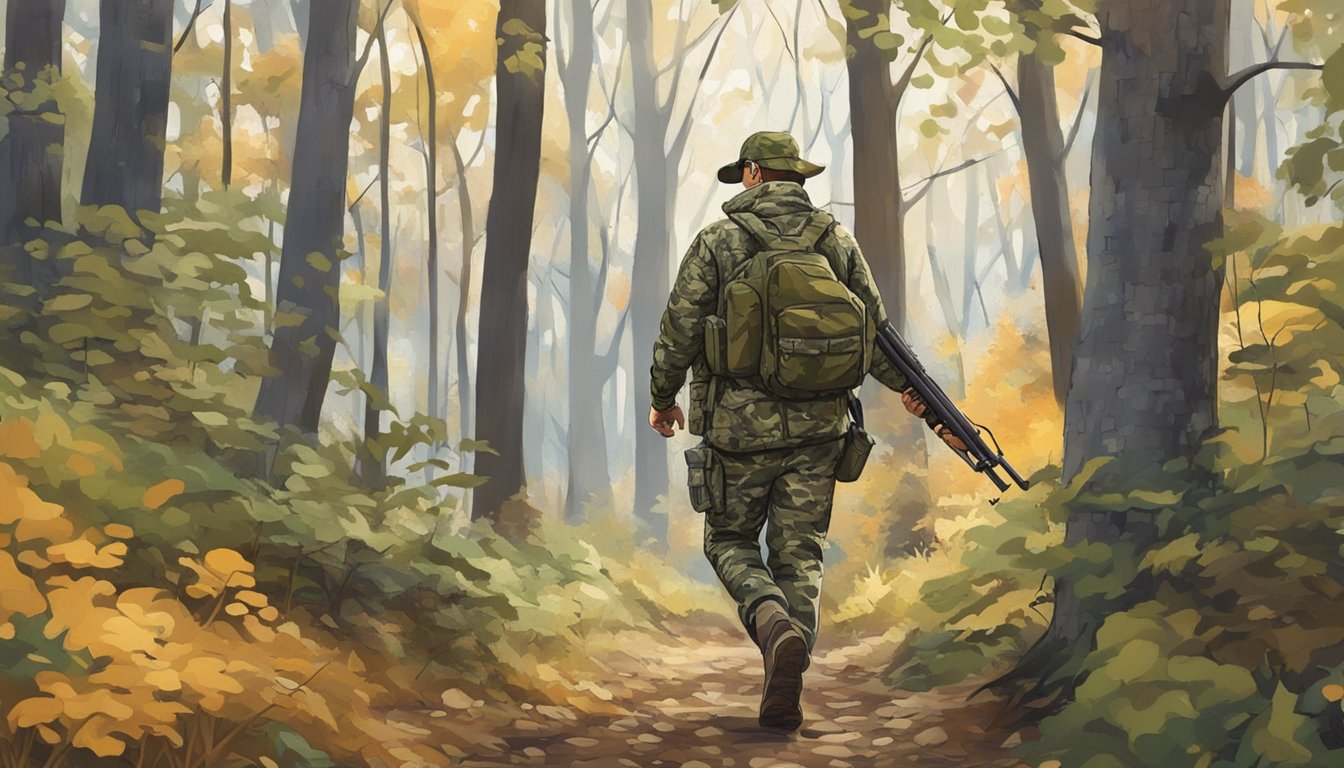 A hunter in camouflage, carrying a firearm, walks through a wooded area on public lands in Maryland, surrounded by trees and wildlife