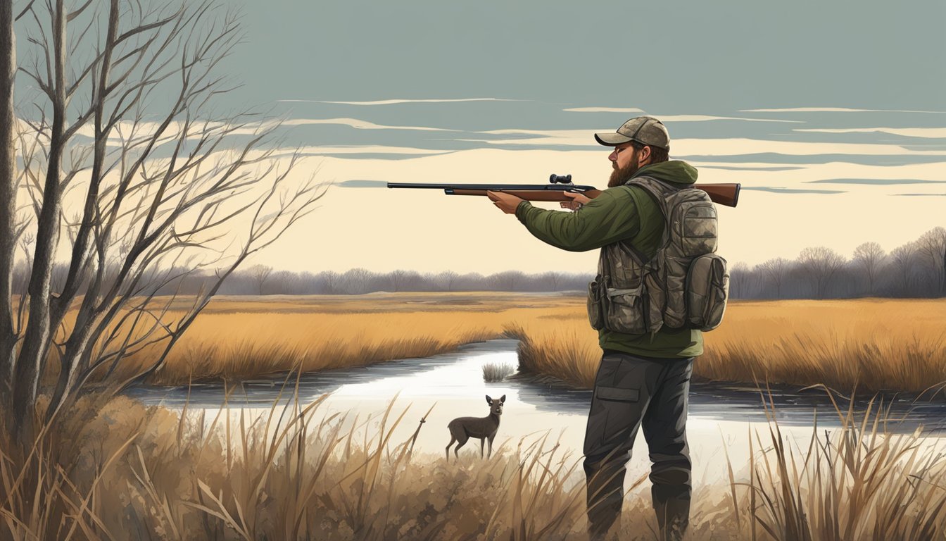 A hunter in a Wildlife Management Area in Iowa follows firearm regulations while tracking game