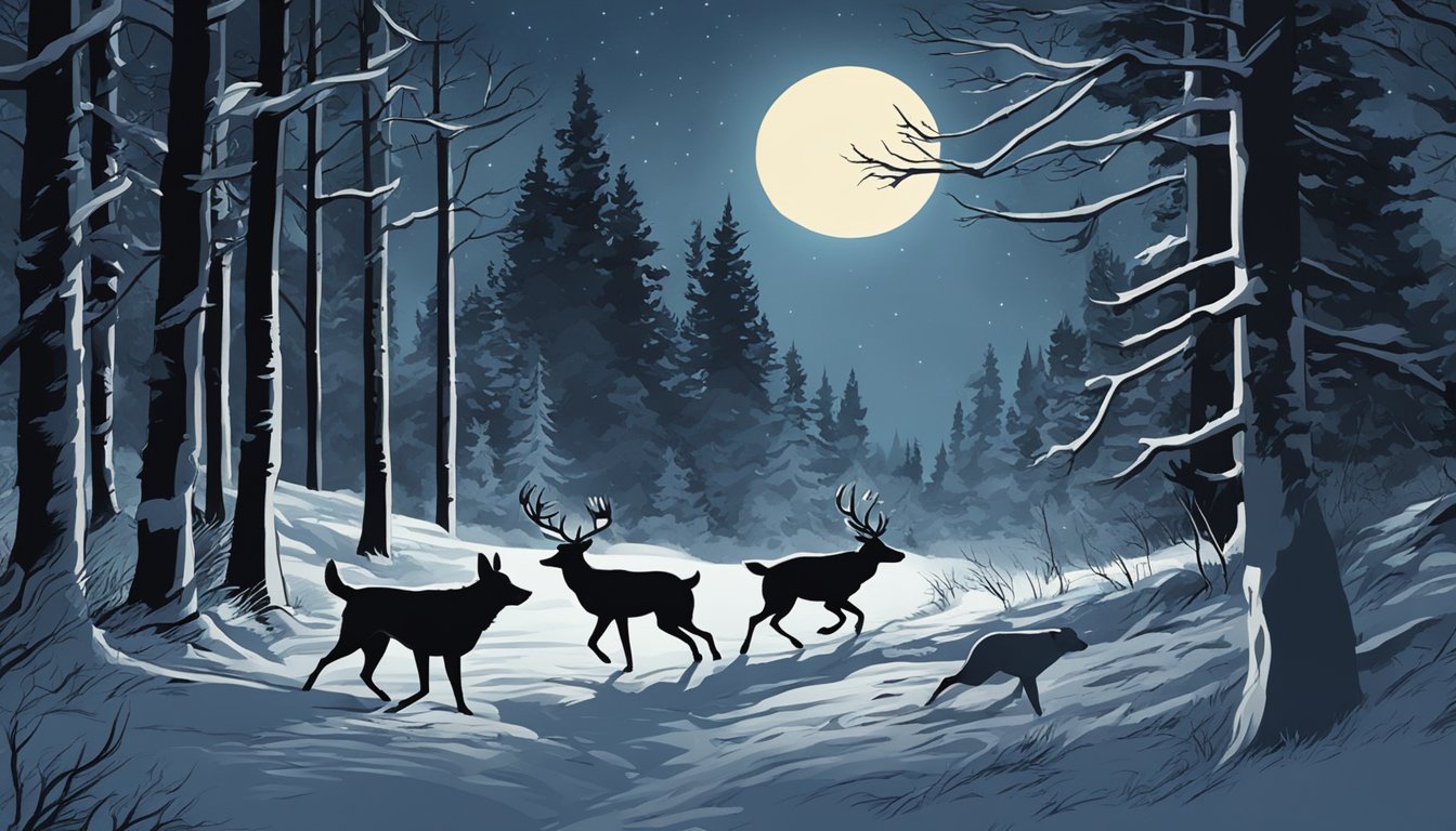 Dogs chasing deer in the moonlit forest, hunter with rifle