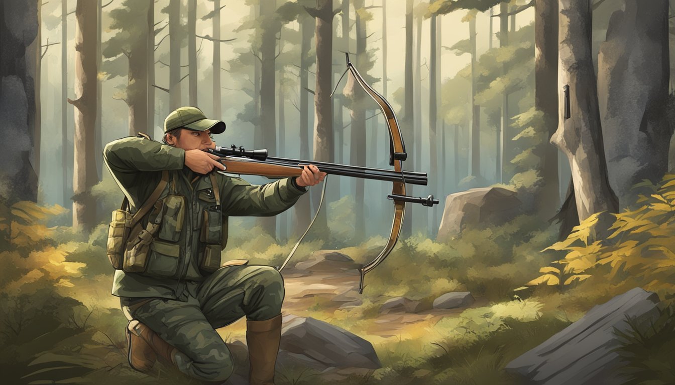 A hunter in full camouflage draws a bow, aiming at a target in a wooded area with a "No Hunting" sign nearby