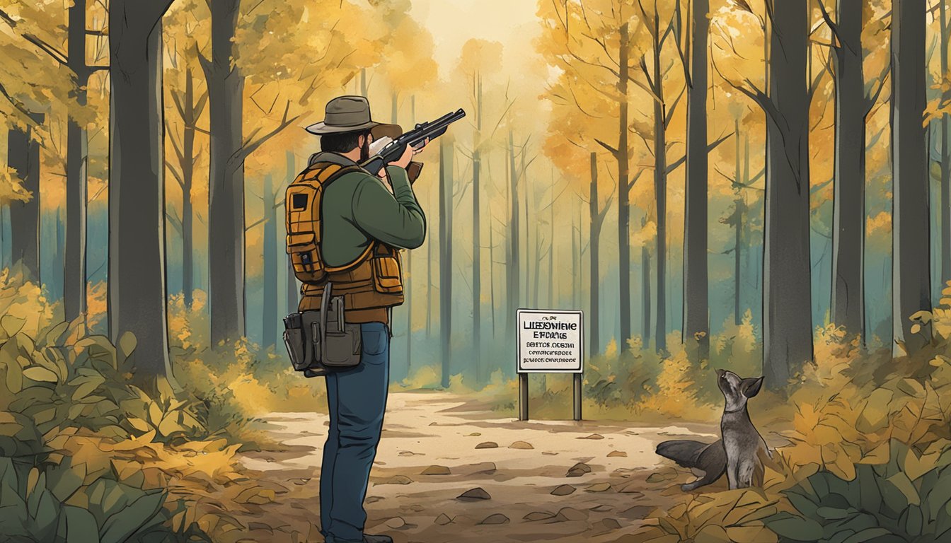 A hunter in Iowa holds a firearm while standing in a wooded area, surrounded by signs indicating licensing and permit requirements