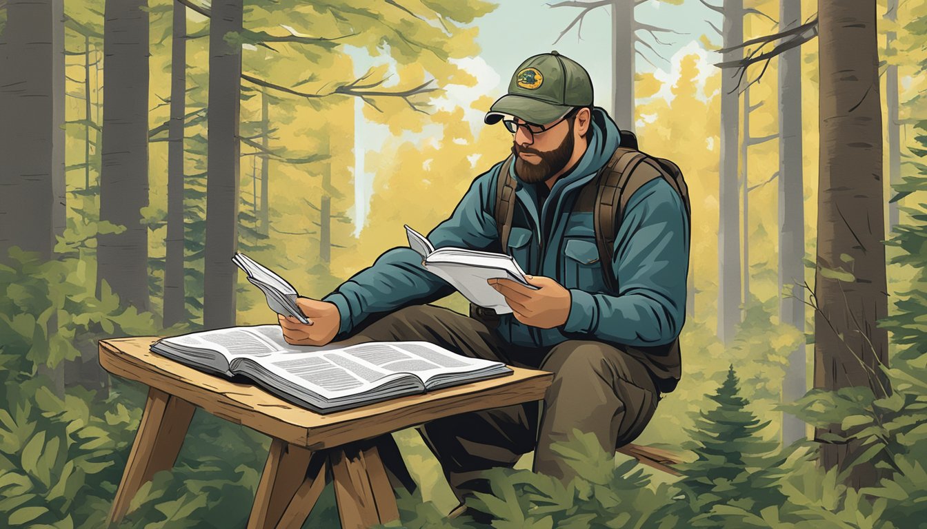 A hunter reading a safety and education manual on Maine firearm regulations in a peaceful wooded setting