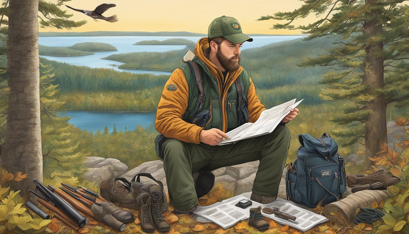 A hunter in Maine reviewing firearm regulations, surrounded by hunting gear and wildlife posters