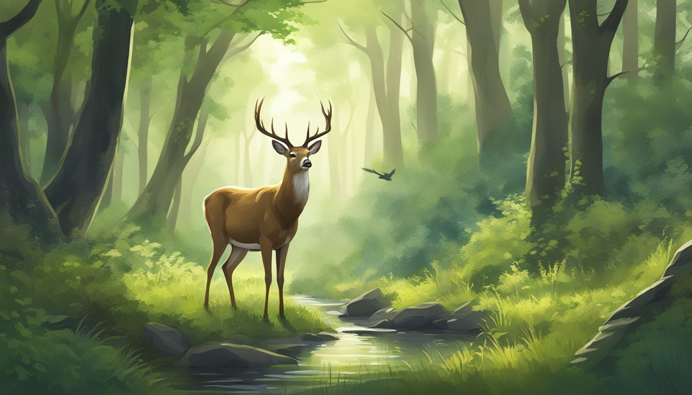 A deer grazing peacefully in a forest clearing, surrounded by lush greenery and the sounds of chirping birds