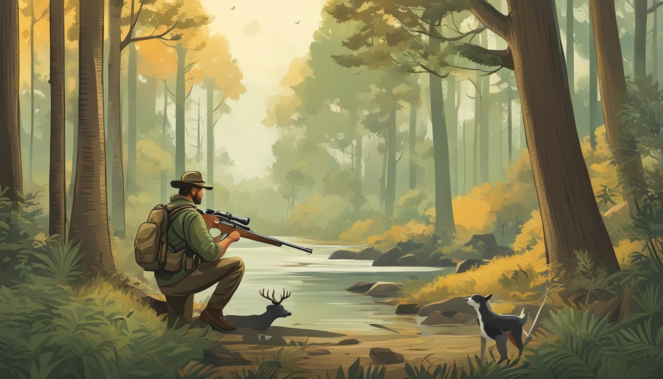 A hunter in a Louisiana forest, surrounded by trees and wildlife, with a rifle and a calendar showing hunting season dates and bag limits