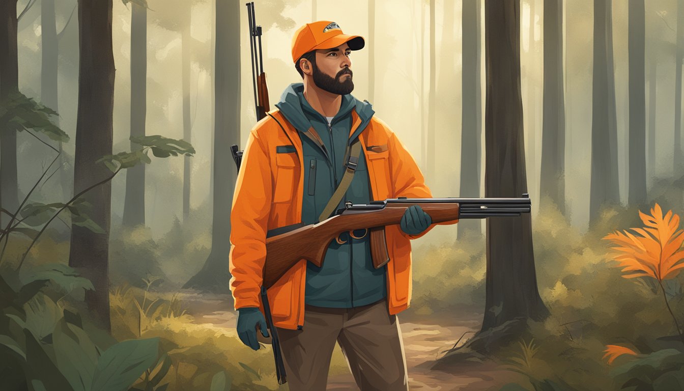 A hunter in Louisiana holding a shotgun, with a visible hunting license and wearing bright orange clothing, standing in a wooded area