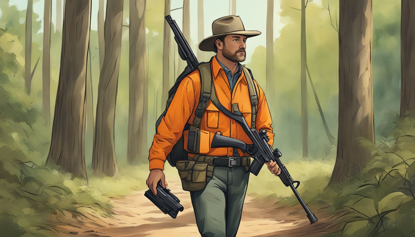 A hunter in Louisiana demonstrates firearm safety by wearing an orange vest and carrying a securely holstered rifle while walking through a wooded area