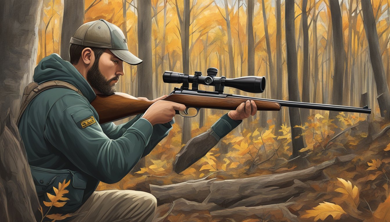 A hunter in Michigan follows firearm regulations while using hunting practices and techniques in a wooded area