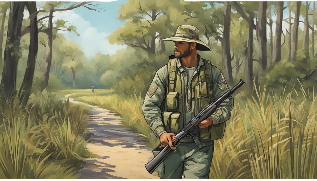 A hunter in a camouflage jacket and hat holds a shotgun while walking through a Louisiana Wildlife Management Area. The area is filled with dense vegetation and various wildlife