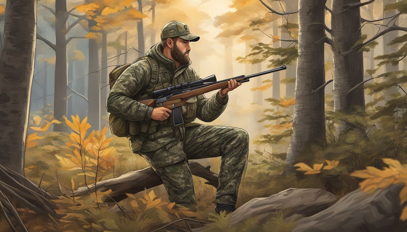 A hunter in Minnesota uses a rifle, camouflage clothing, and a tree stand to hunt deer in the forest