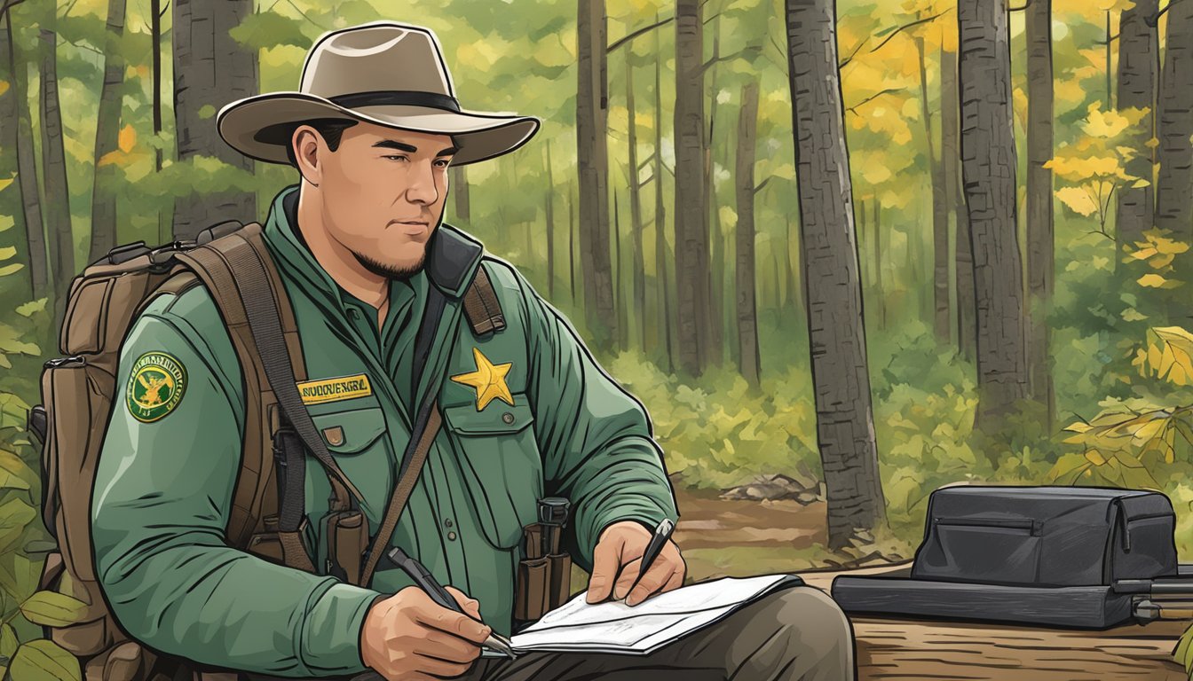 A forest ranger checking hunting firearm regulations in a Michigan wildlife management area