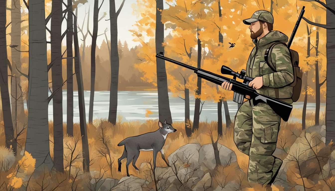 A hunter in camouflage holding a rifle, surrounded by trees and wildlife, with a sign displaying Minnesota hunting regulations