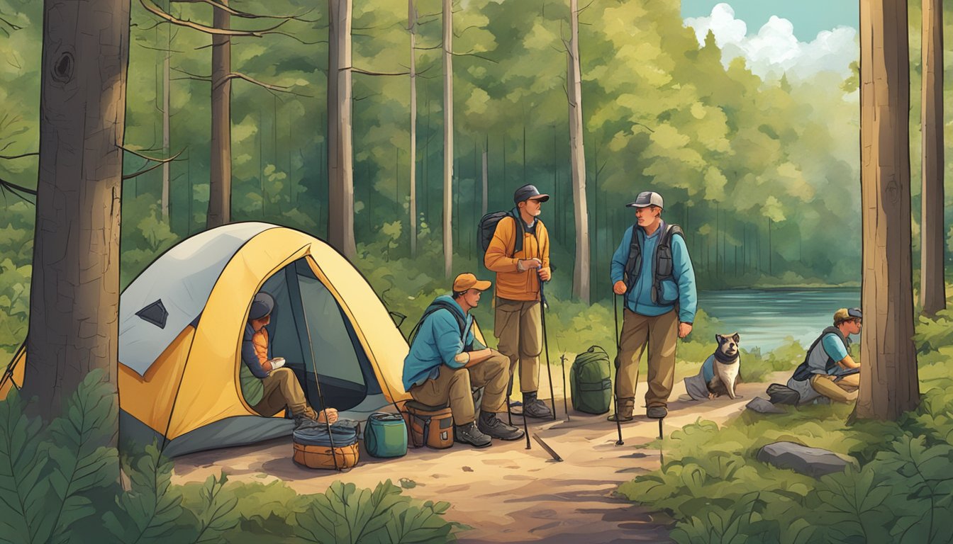 A group of people camping, fishing, and hiking in a Michigan forest