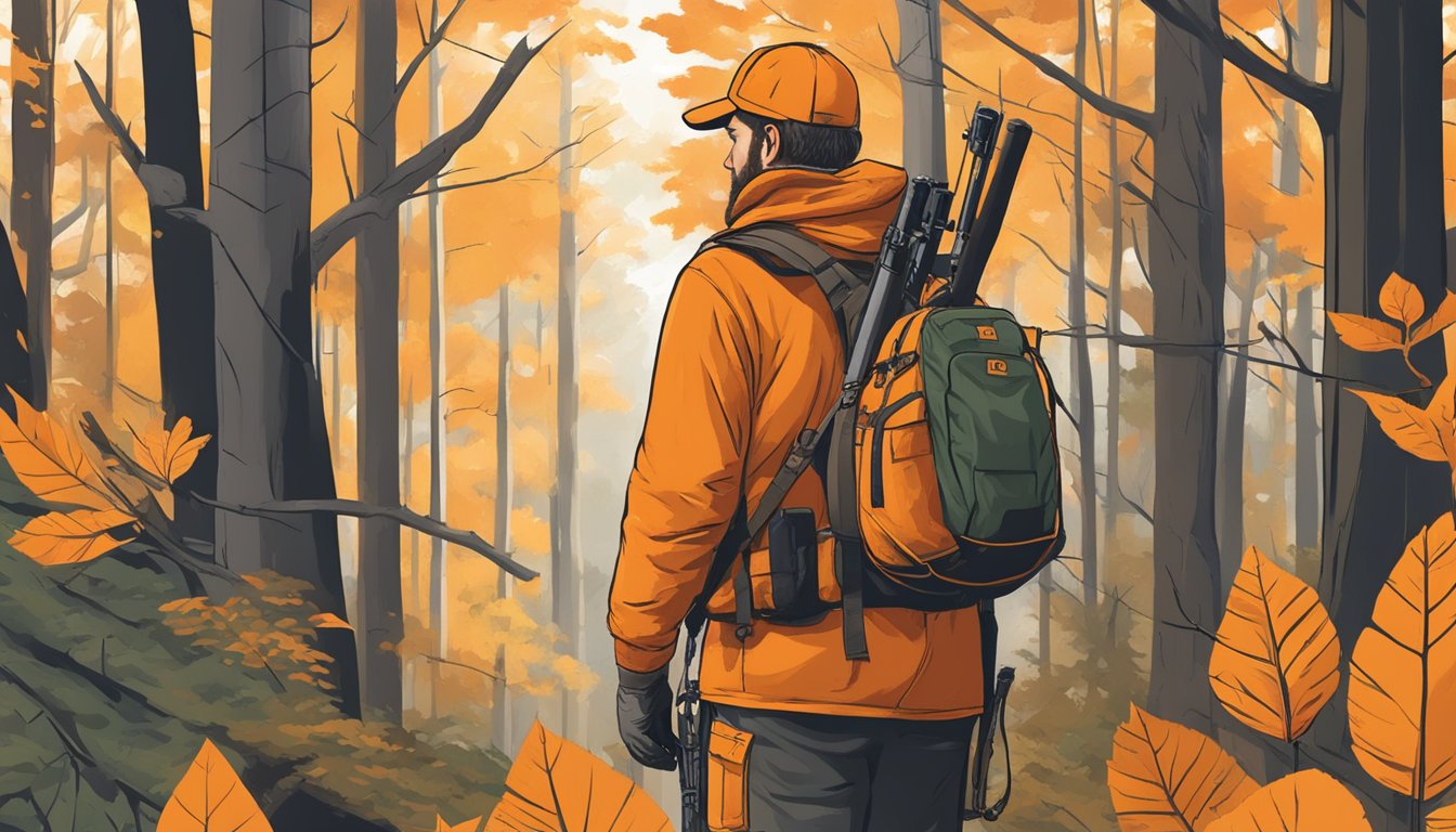 A hunter in blaze orange navigating through a dense forest, rifle slung over shoulder, with signs indicating Minnesota hunting regulations