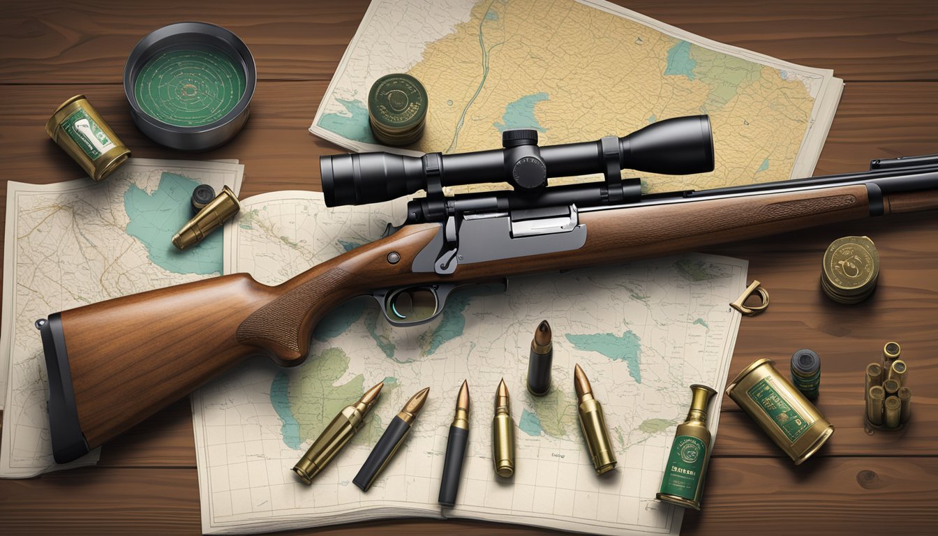 A hunter's rifle and ammunition laid out on a wooden table, alongside a regulation guidebook and a map of Massachusetts