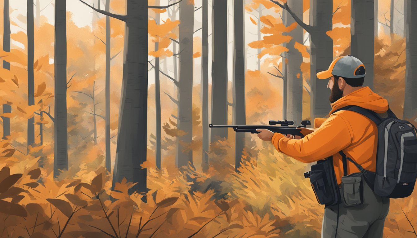 A hunter in Massachusetts, wearing orange gear, checks their firearm against state regulations before heading into the woods