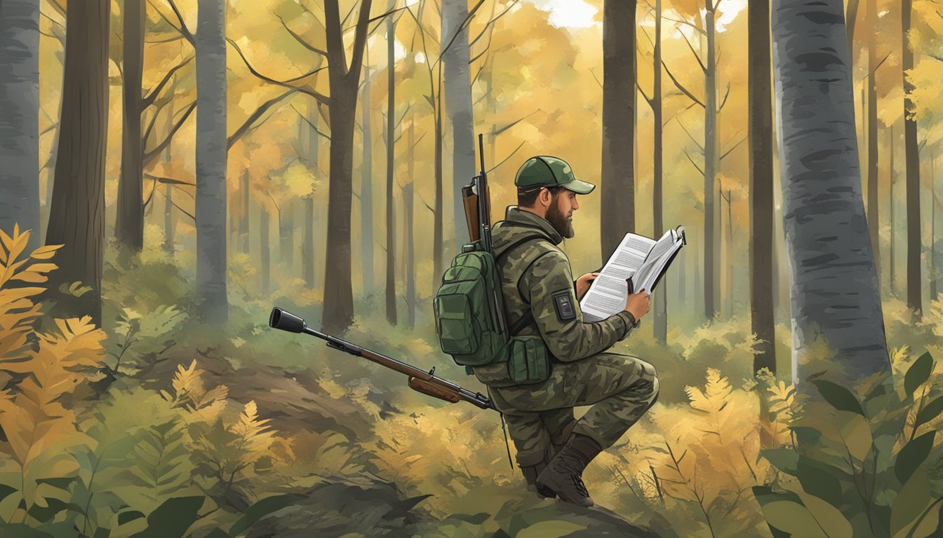 A hunter in camouflage gear reading a booklet on Massachusetts hunting firearm regulations in a forest clearing