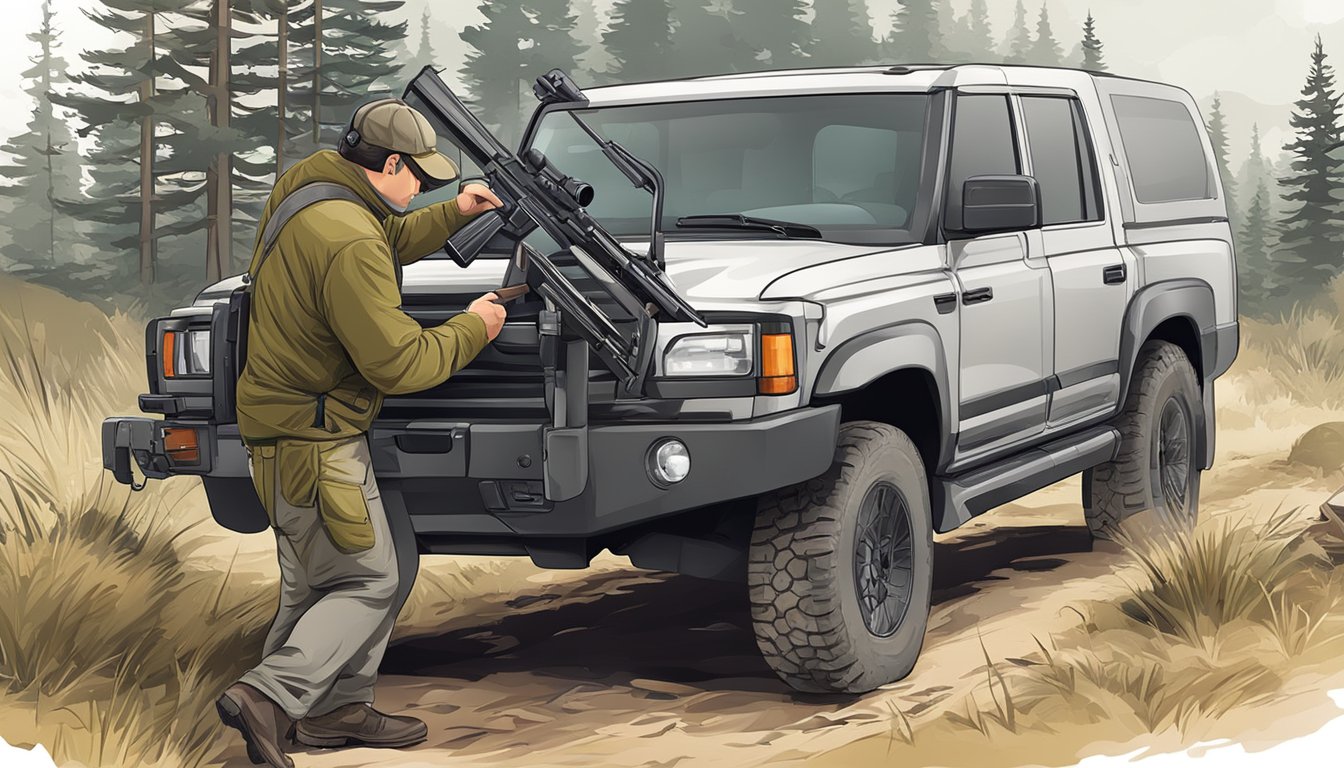 A hunter unloading a firearm from a vehicle and placing it in a secure case for transport