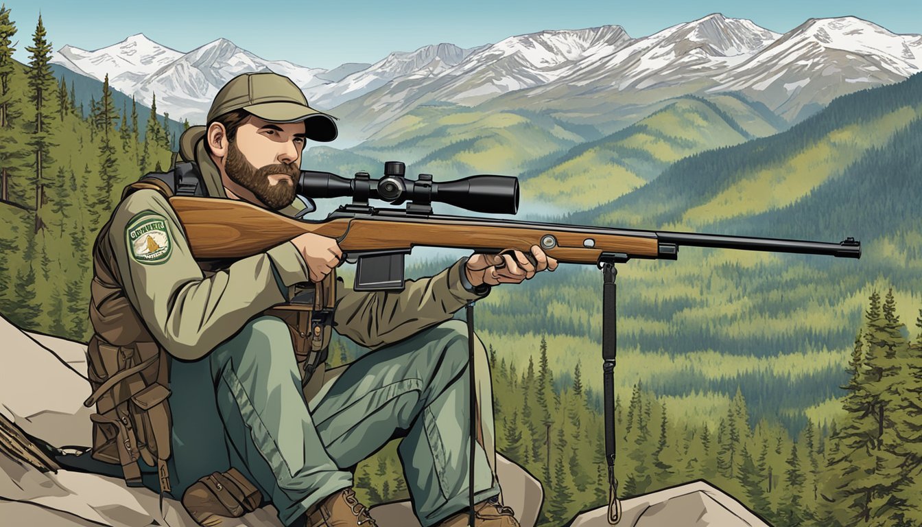 A hunter holding a rifle, surrounded by a forest and mountains, with a sign displaying "Montana Hunting Firearm Regulations" in the background