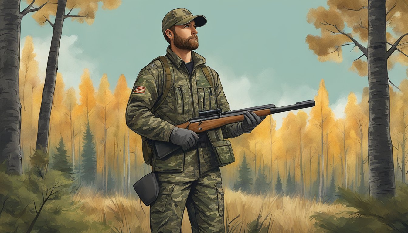 A hunter in camouflage following Montana hunting firearm regulations, with a rifle slung over their shoulder, standing in a forest clearing