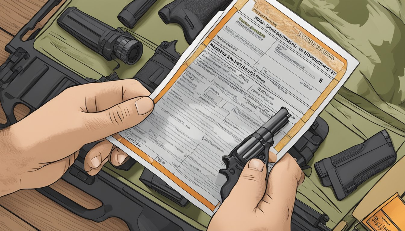 A hunter holding a Mississippi hunting license while checking a firearm against the state hunting regulations