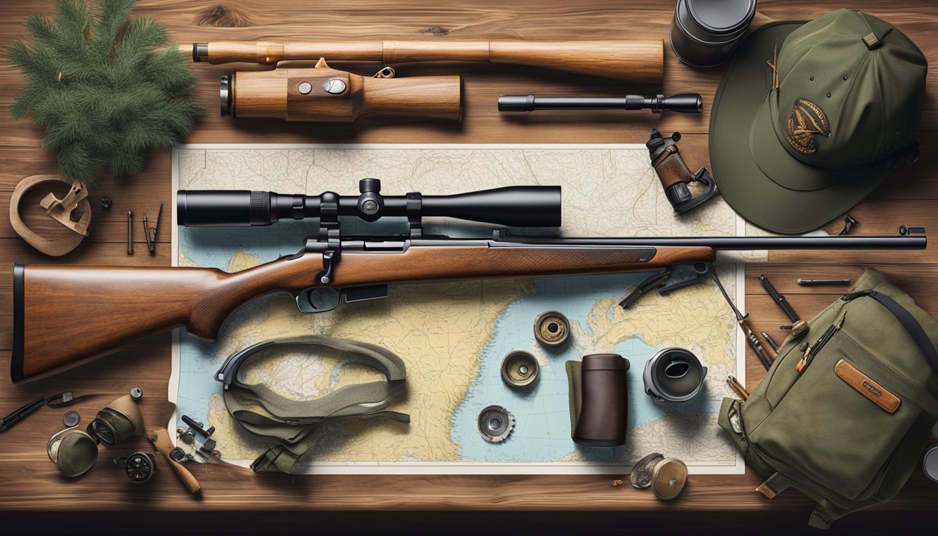 A hunter's rifle and gear laid out on a wooden table, surrounded by hunting equipment and a map of Montana