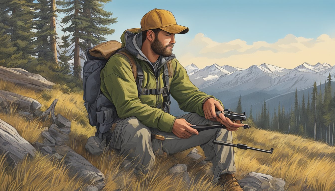 A hunter in the Montana wilderness, carefully checking the regulations on their firearm before heading out for a hunt