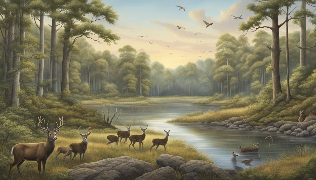 A tranquil forest with diverse wildlife, including deer, turkey, and waterfowl, coexisting in their natural habitat, protected by Mississippi's firearm hunting regulations