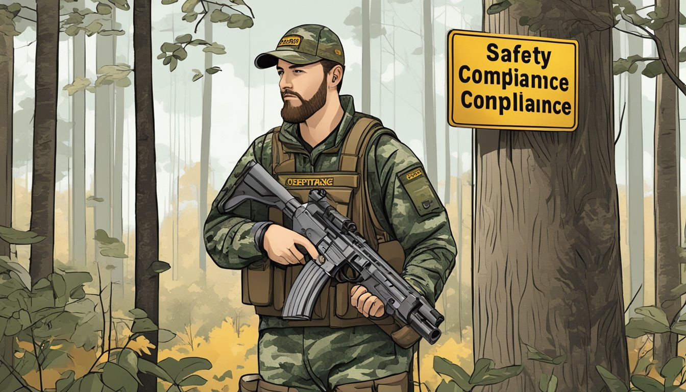 A hunter in camouflage gear checks his firearm against a regulation guide while standing in a wooded area near a "Safety and Compliance" sign