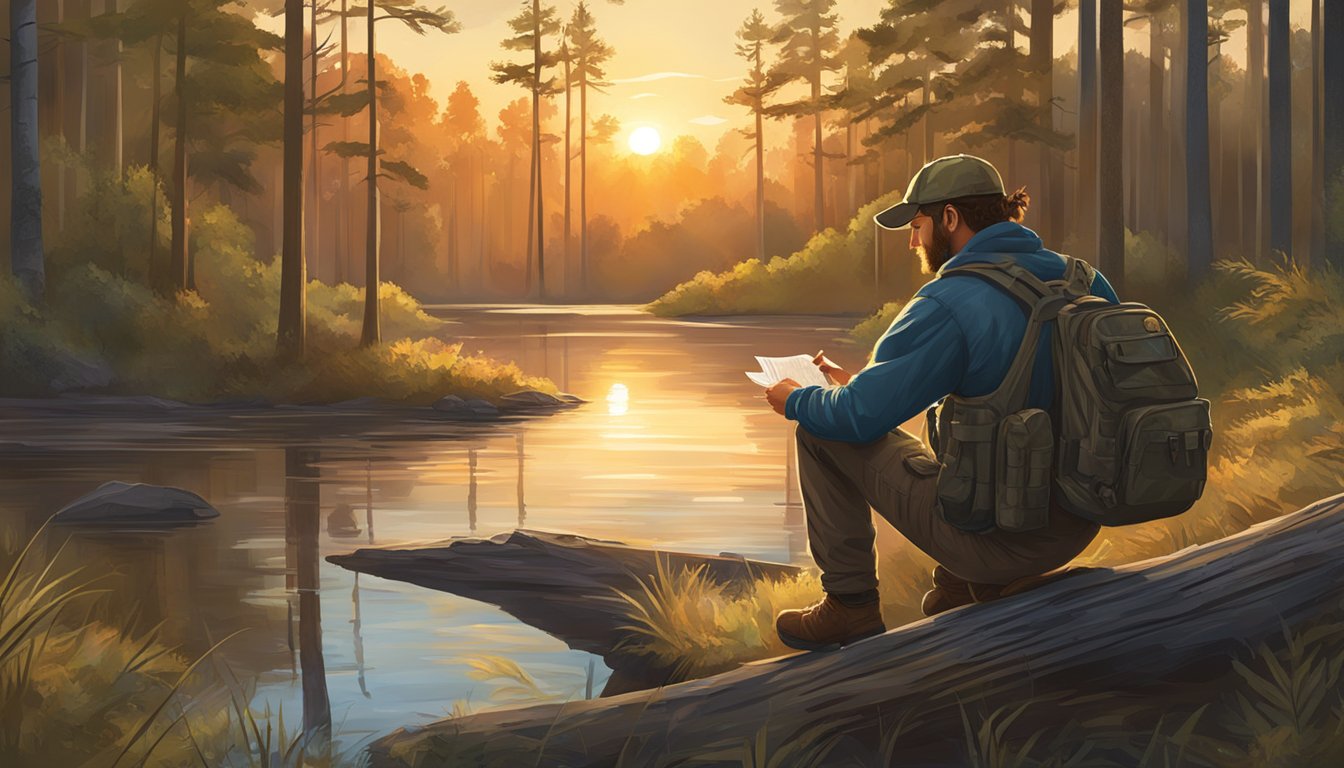 A hunter in Mississippi carefully checks the regulations booklet before heading out with their firearm. The sun sets over a tranquil forest