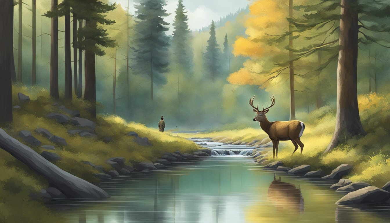 A serene forest with a deer drinking from a clear stream, while a hunter observes from a distance, following NDOW firearm regulations