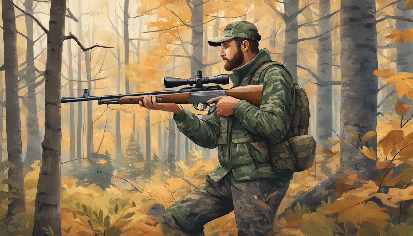 A hunter in camouflage holding a rifle, surrounded by trees and wildlife in a New Hampshire forest during hunting season