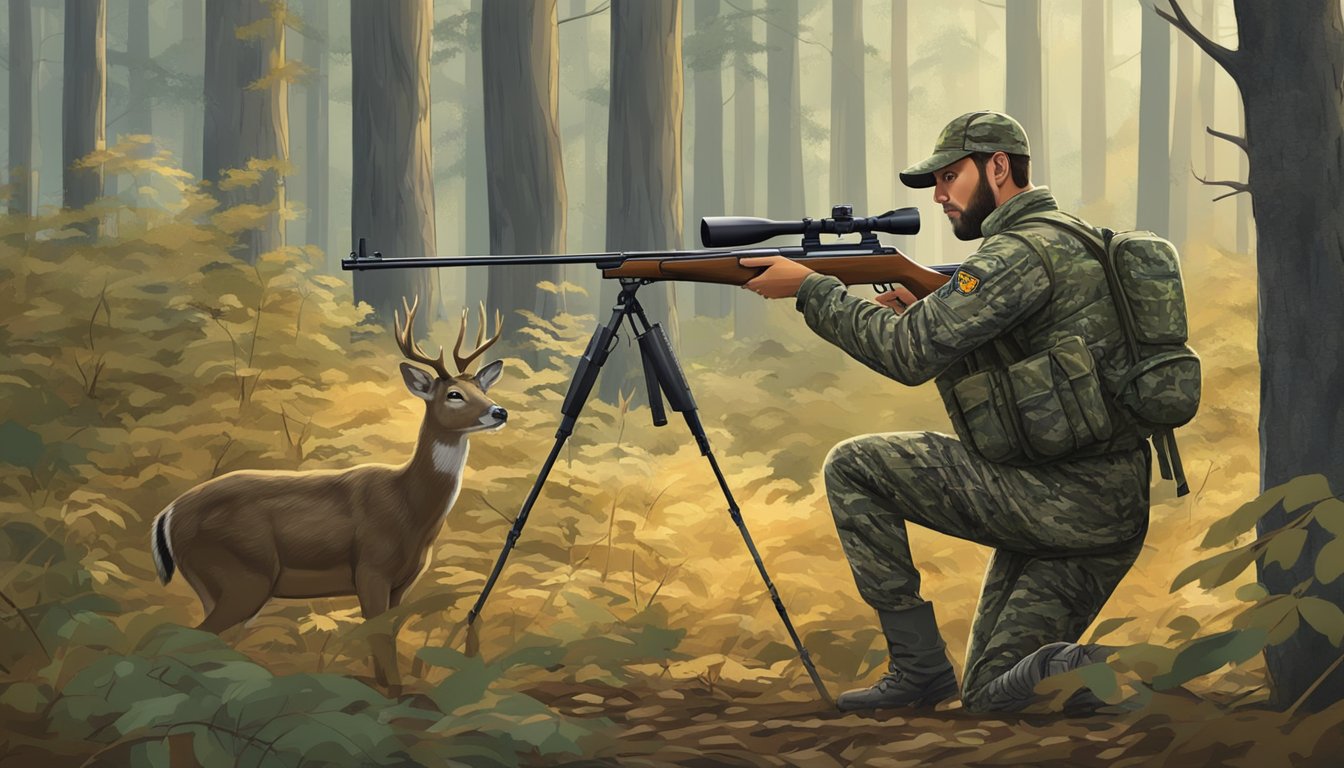 A hunter in camouflage aims a rifle at a deer in a Mississippi forest. The deer stands alert, surrounded by trees and underbrush