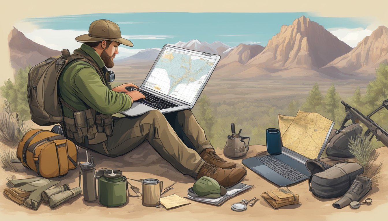 A hunter in Nevada checking firearm regulations on a laptop surrounded by hunting gear and maps