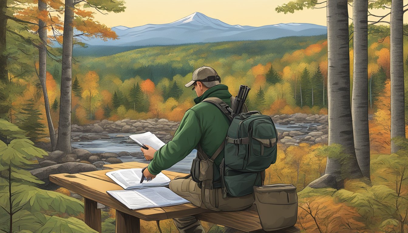 A hunter in New Hampshire checks the regulations booklet before heading out with a firearm. The forest setting includes trees, wildlife, and a distant mountain