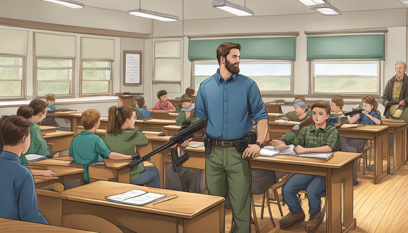 A hunter in New Hampshire studies firearm regulations and ethics in a classroom setting