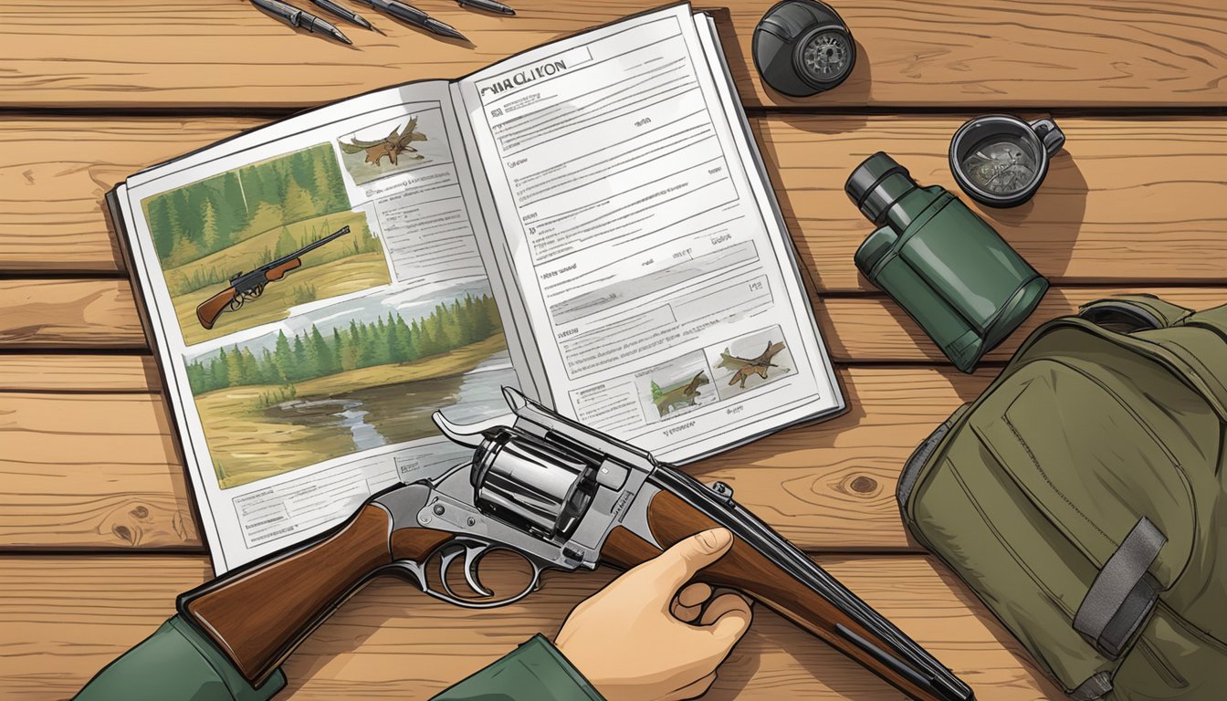 A hunter in New Hampshire checking a regulation booklet with a firearm and hunting gear laid out on a wooden table