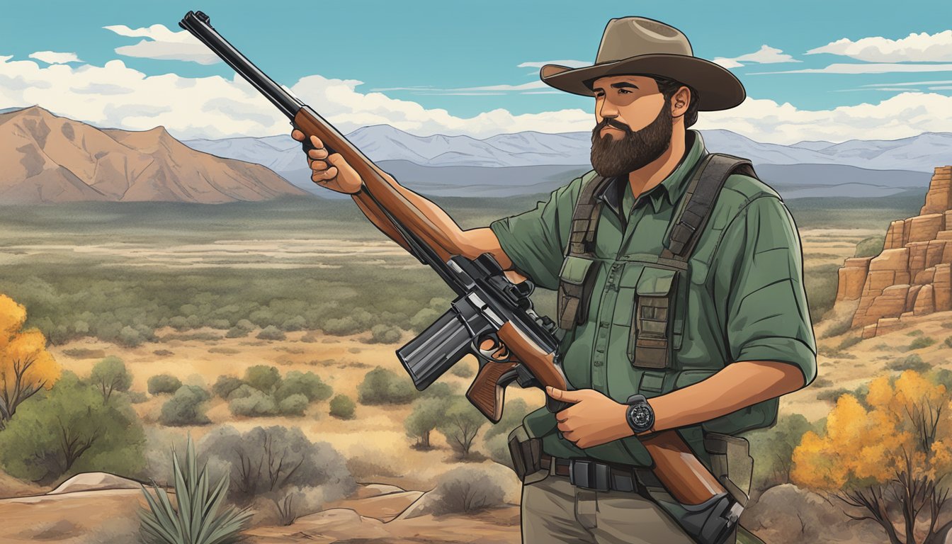 A hunter in New Mexico holding a firearm while checking the state's hunting license and regulations