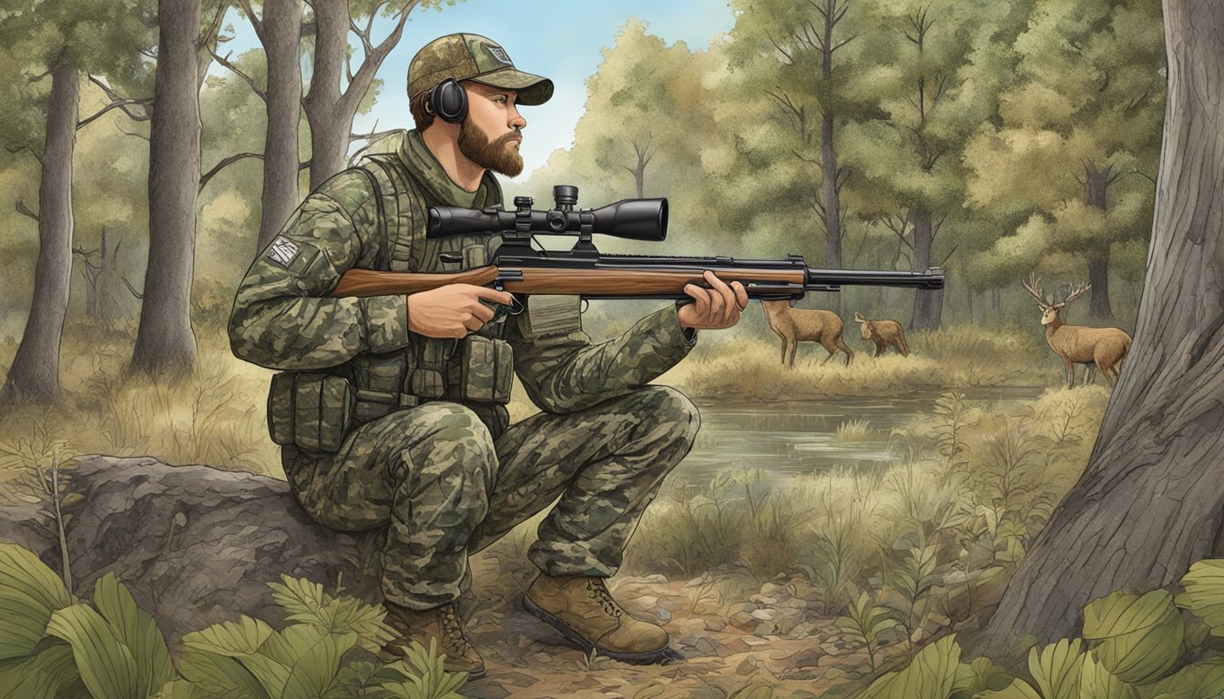 A hunter in camouflage clothing holding a rifle, surrounded by trees and wildlife in a Nebraska hunting area