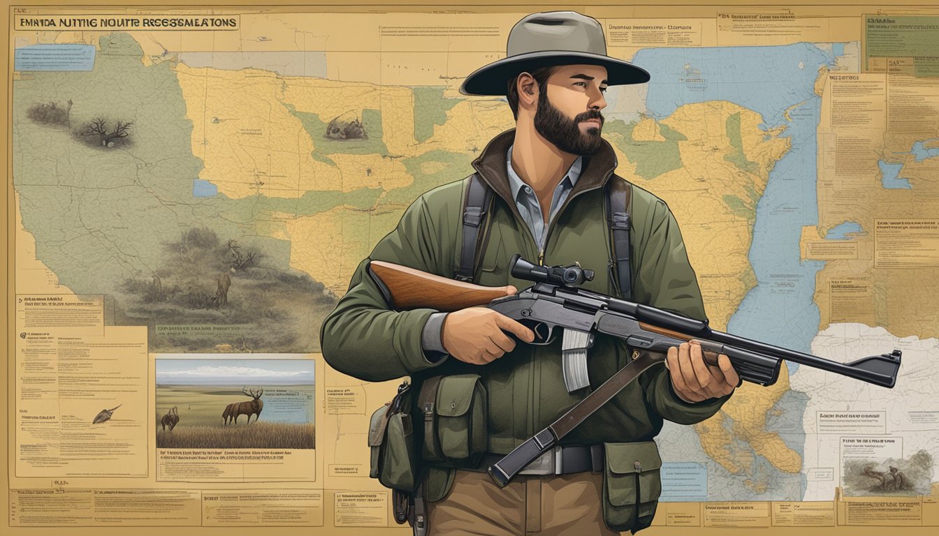 A hunter holding a firearm, surrounded by hunting permits and endorsements, with a map of Nebraska's hunting regulations in the background