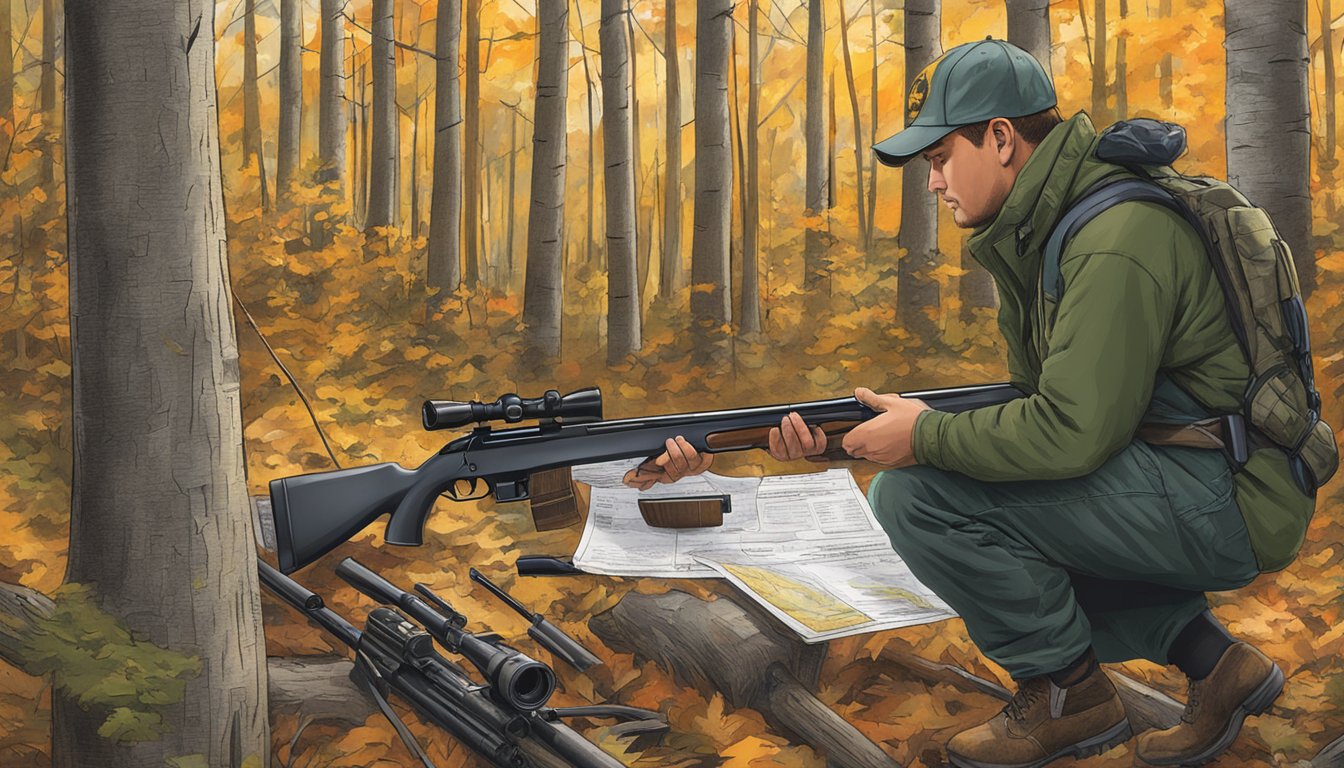 A hunter in New Hampshire checking firearm regulations before heading into the woods