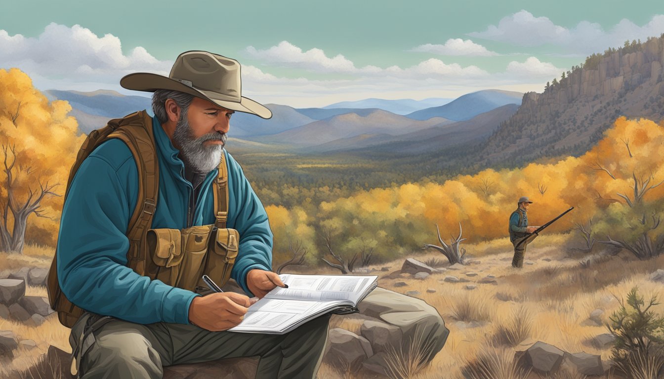 A hunter in New Mexico carefully checks the seasonal and area-specific regulations for firearm use before heading out into the wilderness